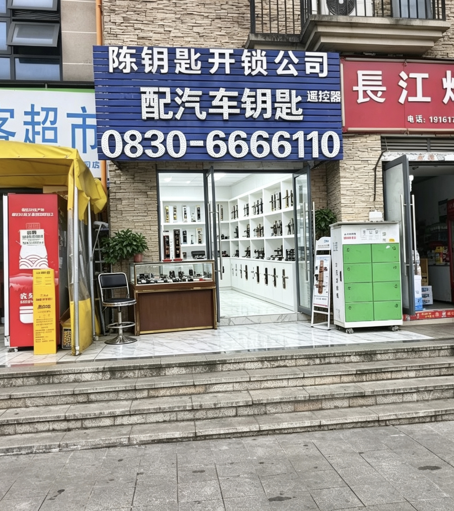 整齐摆放的专业开锁工具特写，包括各类钥匙坯、开锁器、螺丝刀等，背景为工作台面，光线明亮自然